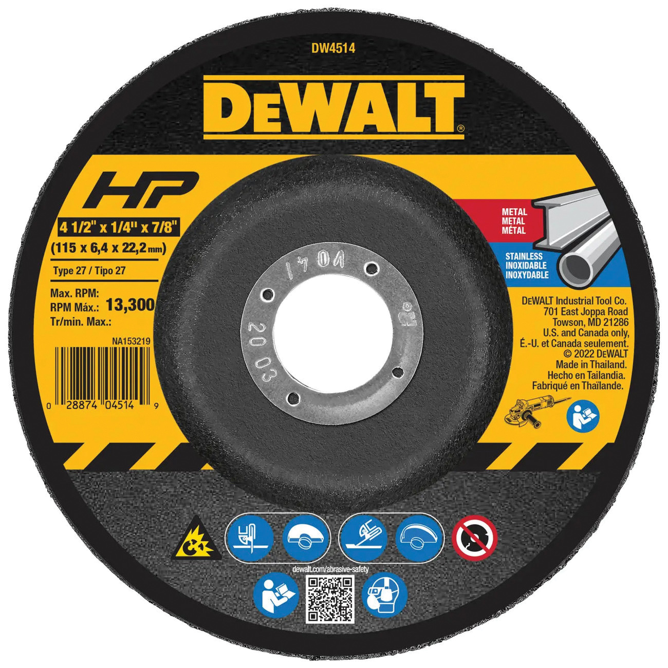 HP DW4514 Grinding Wheel, 4-1/2 in Dia, 1/4 in Thick, 7/8 in Arbor, 24 Grit, Very Coarse, Aluminum Oxide Abrasive