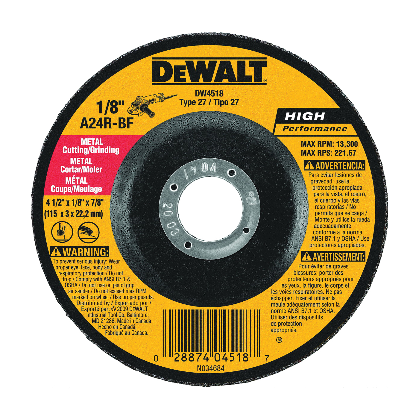 DW4518 Grinding Wheel, 4-1/2 in Dia, 1/8 in Thick, 7/8 in Arbor, 24 Grit, Very Coarse, Aluminum Oxide Abrasive