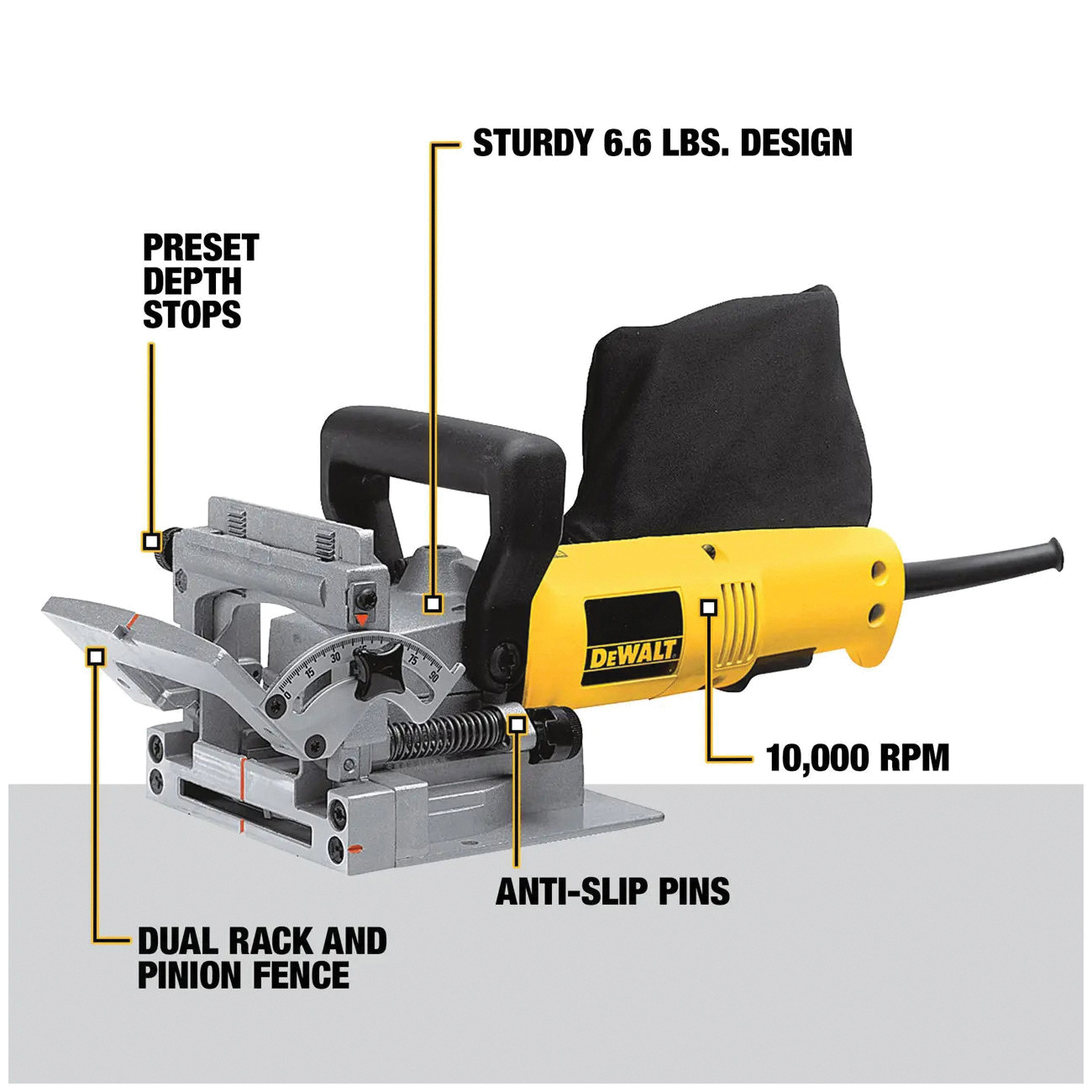 DEWALT DW682K Corded Electric Biscuit Joiner Kit, 6.5 A, 20 in D Cutting, #0, #10, #20 Biscuit, 10,000 rpm Speed - 3