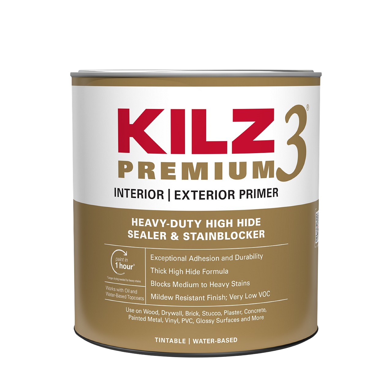 KILZ 13002 KILZ Premium Interior/Exterior Primer, Sealer & Stainblocker, White 1 qt, Can, 75-100 sq. ft. Coverage Area, Water Base