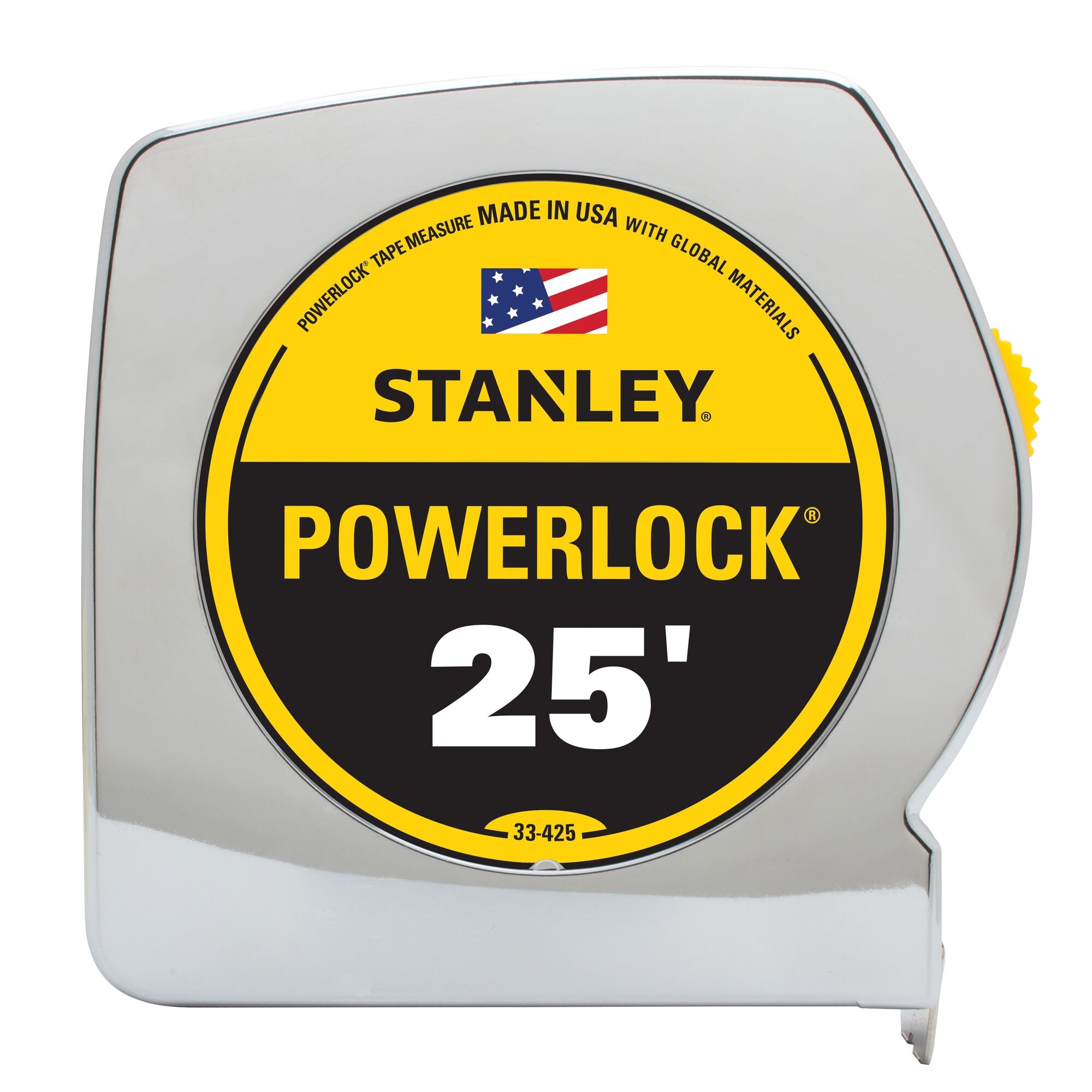 PowerLock 33-425 Tape Measure, 25 ft L Blade, 1 in W Blade, Steel Blade, ABS Case, Chrome Case