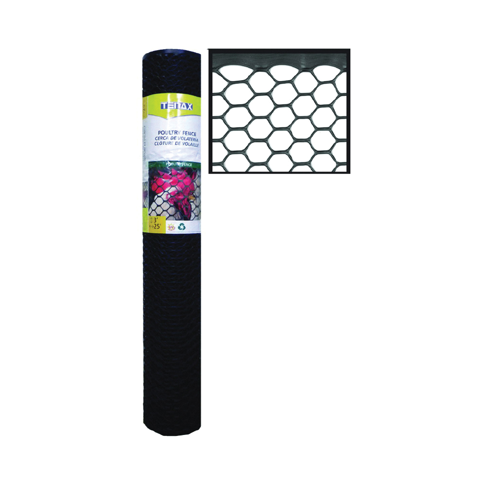 206866 Poultry Fence, 25 ft L, 3 ft W, Hexagonal Mesh, 3/4 x 3/4 in Mesh, Plastic, Black