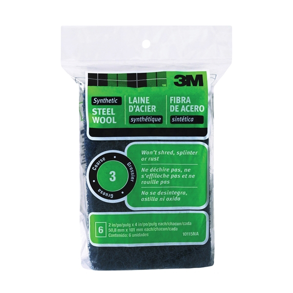 10115 Steel Wool, 4 in L, 2 in W, 3 Grit, Coarse, Black