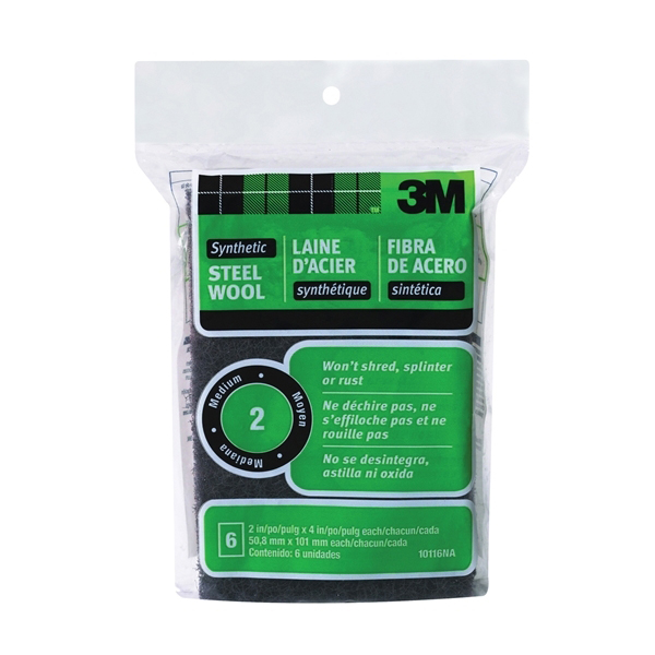 10116 Steel Wool, 4 in L, 2 in W, 2 Grit, Medium, Black