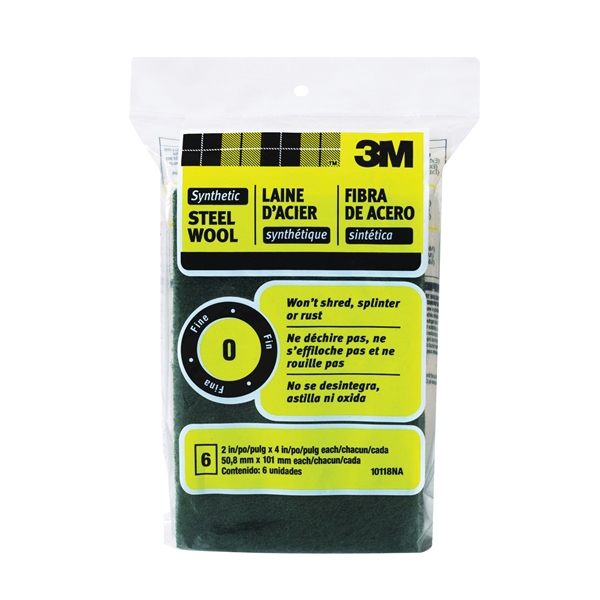 10118 Steel Wool, 4 in L, 2 in W, 0 Grit, Fine, Green