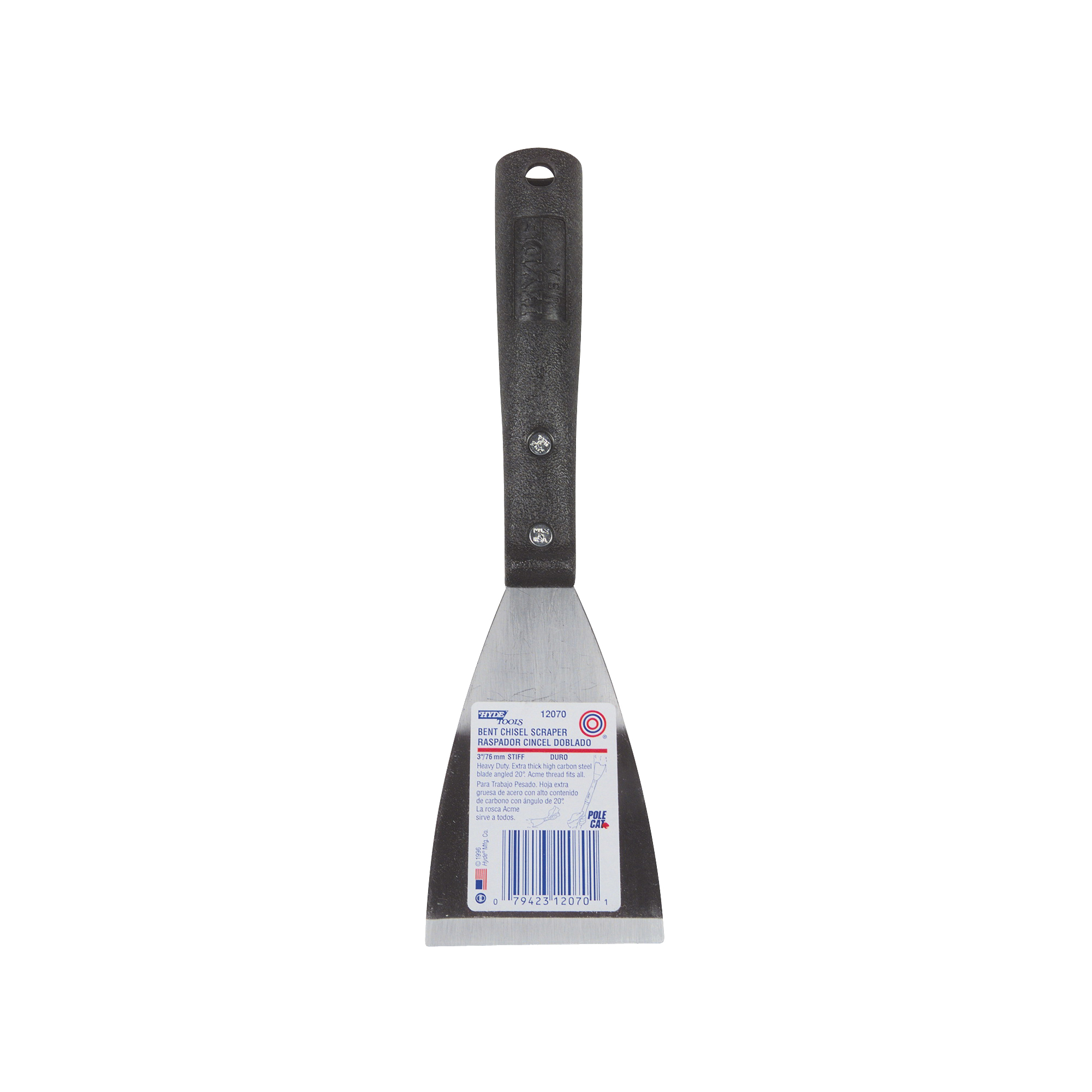 Poly Handle Series 12070 Paint Scraper, 3 in W Blade, Bent Chisel Blade, HCS Blade, Polypropylene Handle