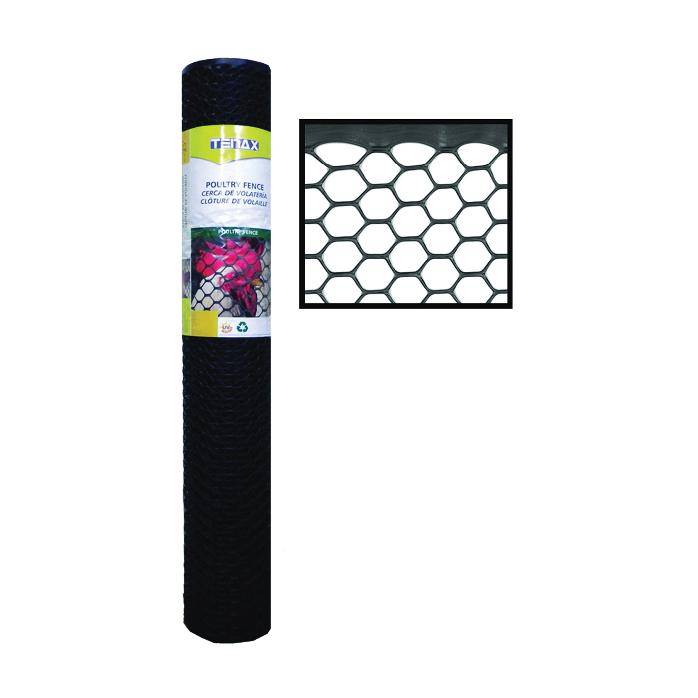 72120346 Poultry Fence, 50 ft L, 4 ft W, Hexagonal Mesh, 0.65 x 0.65 in Mesh, Plastic, Black