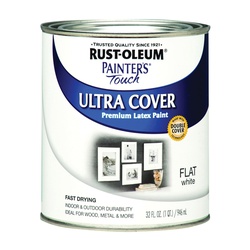 Painter's Touch Ultra Cover 1990502 Enamel Paint, Water Base, Flat Sheen, White, 1 qt, Can, 120 sq-ft Coverage Area - 1