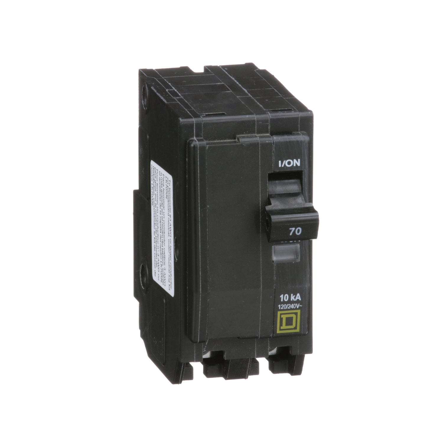 QO270CP Miniature Circuit Breaker, 70 A, 2-Pole, 120/240 VAC, 48 VDC, Standard Trip, Plug Mounting, Black