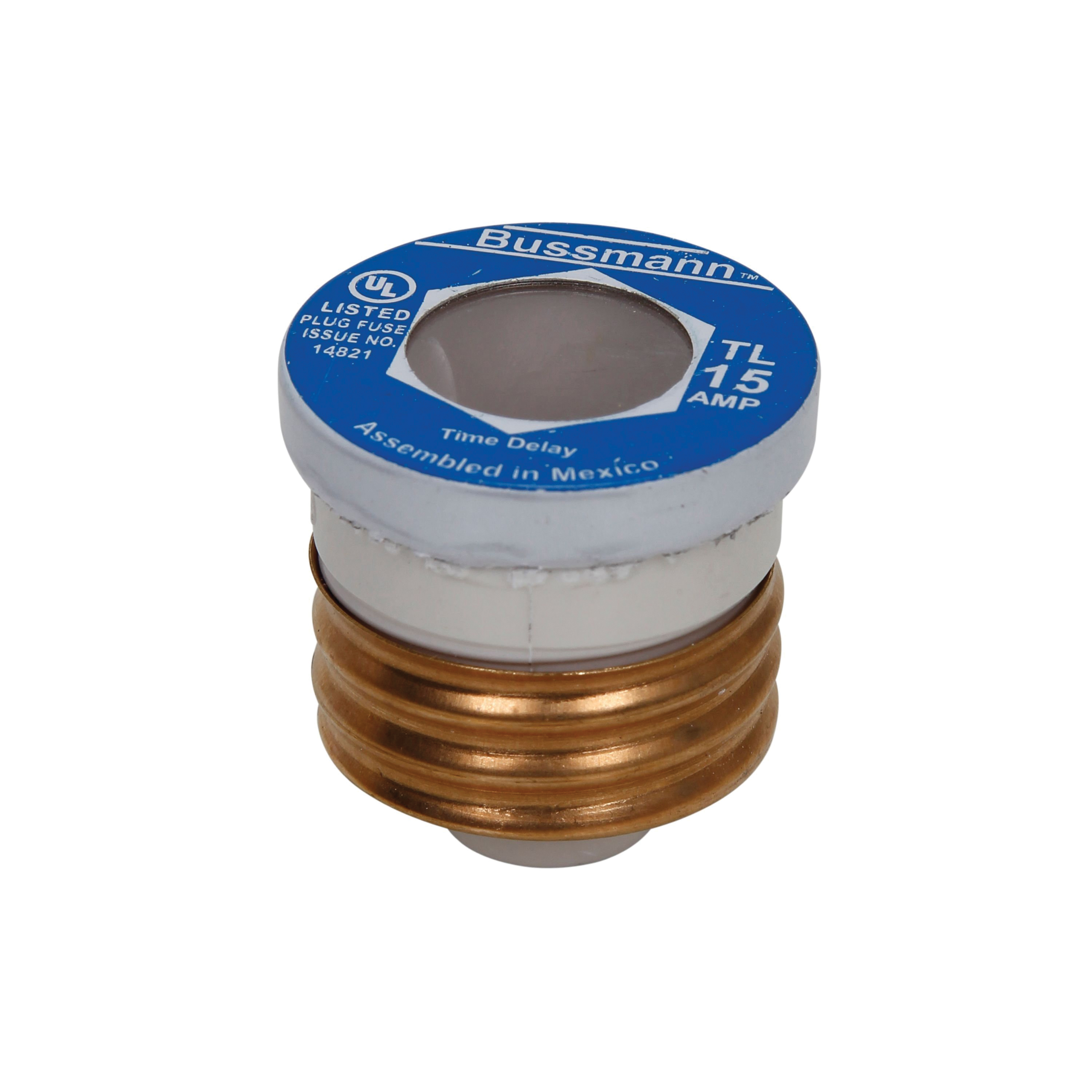Bussmann TL Series BP/TL-15 Plug Fuse, 15 A, 125 V, 10 kA Interrupt, Plastic Body, TL, Time Delay Fuse - 1