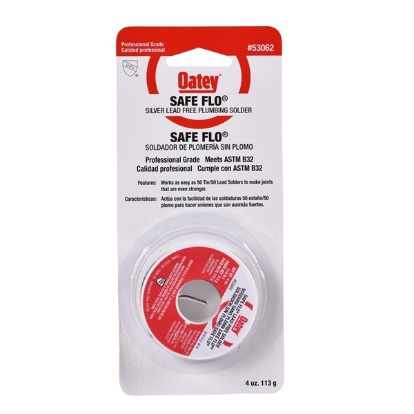 Oatey Safe-Flo 53062 Wire Solder, 1/4 lb Carded, Solid, Gray/Silver, 415 to 455 deg F Melting Point - 2