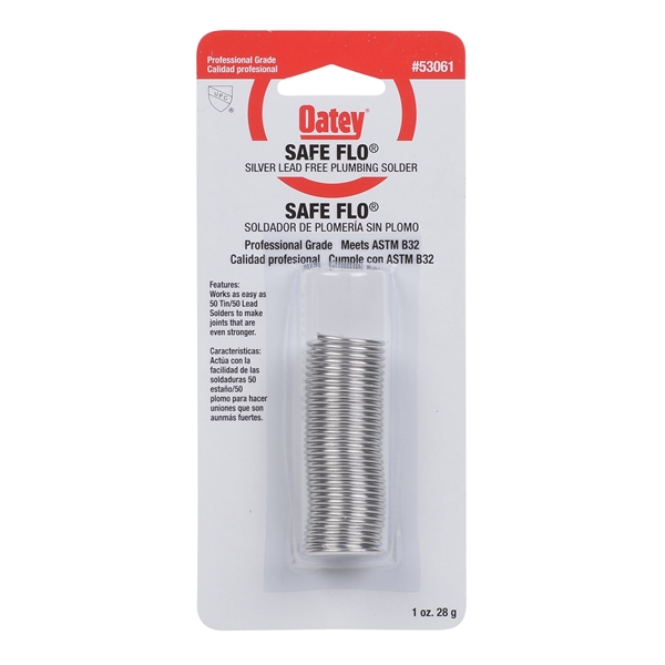 Oatey Safe-Flo 53061 Wire Solder, 1 oz Carded, Solid, Gray/Silver, 415 to 455 deg F Melting Point - 2