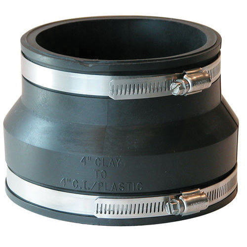 P1002-44 Flexible Coupling, 4 x 4 in, 3.958 in L, Clay to Cast Iron or Plastic Pipes, Rubber/Stainless Steel, Black, SCH 40 Schedule, 4.3 psi Pressure