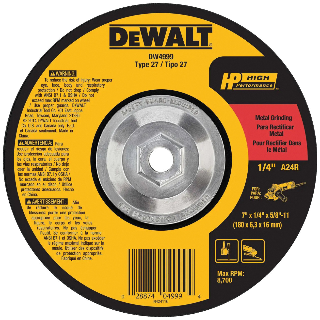 HP DW4999 Grinding Wheel, 7 in Dia, 1/4 in Thick, 5/8-11 Arbor, 24 Grit, Very Coarse, Aluminum Oxide Abrasive