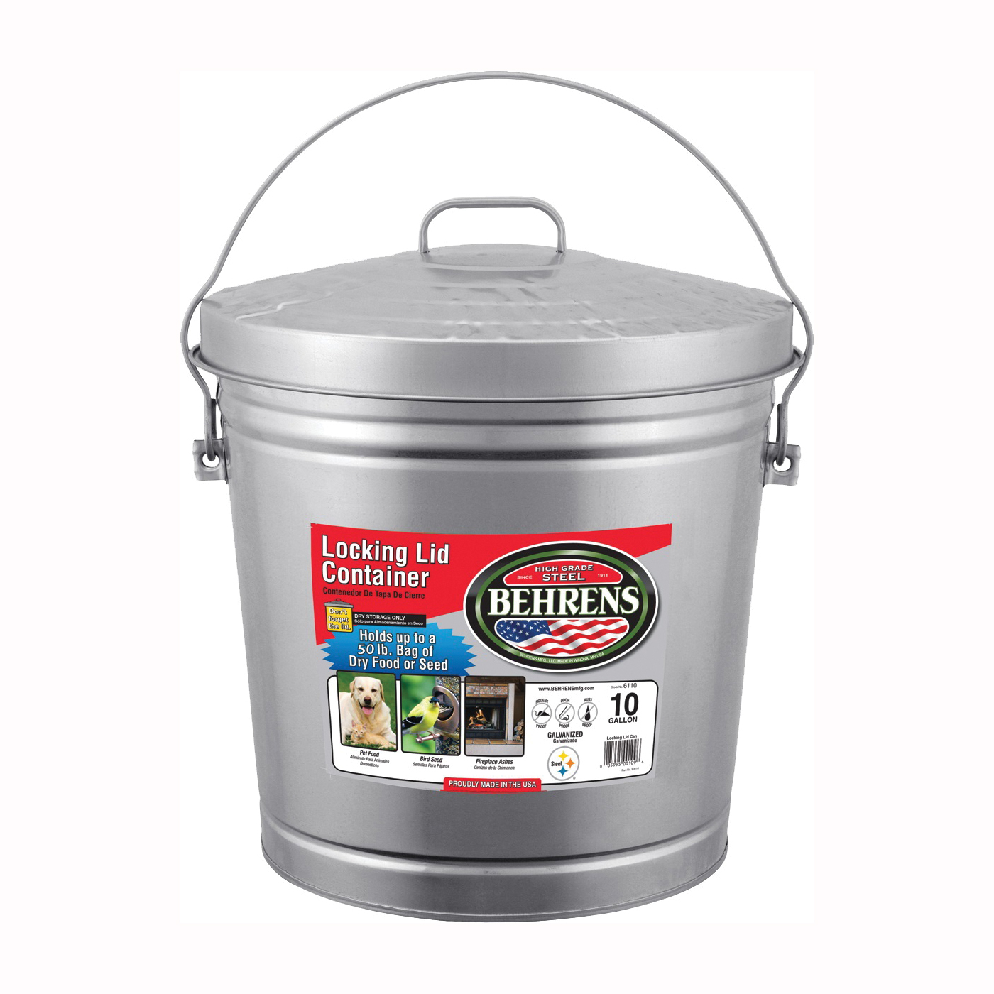 6110 Locking Lid Can, 10 gal, Galvanized Steel, Silver