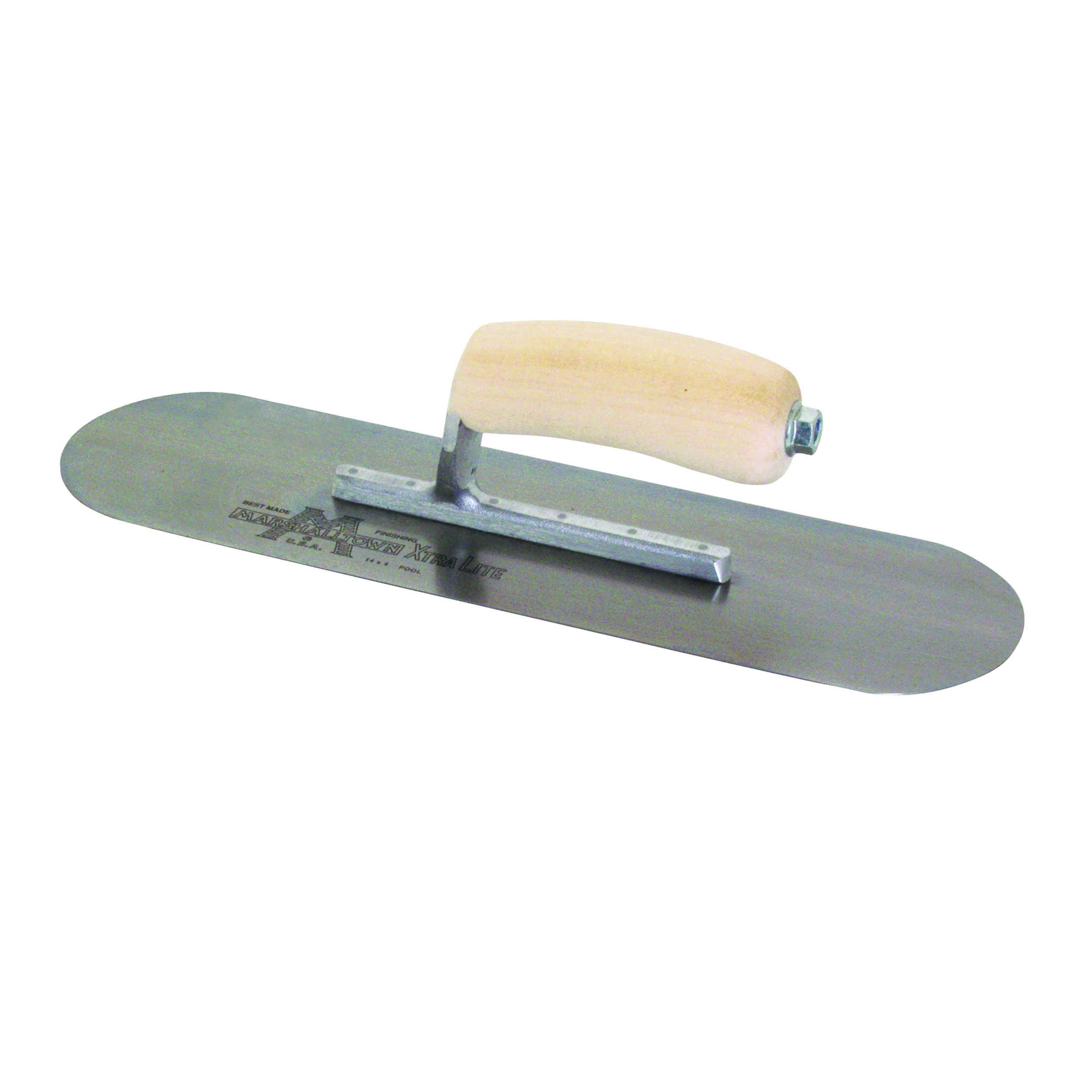 SP14 Pool Trowel, 14 in L Blade, Hardened Steel Blade, Curved Handle, Wood Handle, 4 in OAW