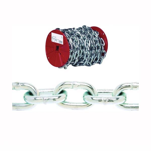 072-5027 Proof Coil Chain, 3/16 in, 100 ft L, 30 Grade, Steel, Zinc-Plated