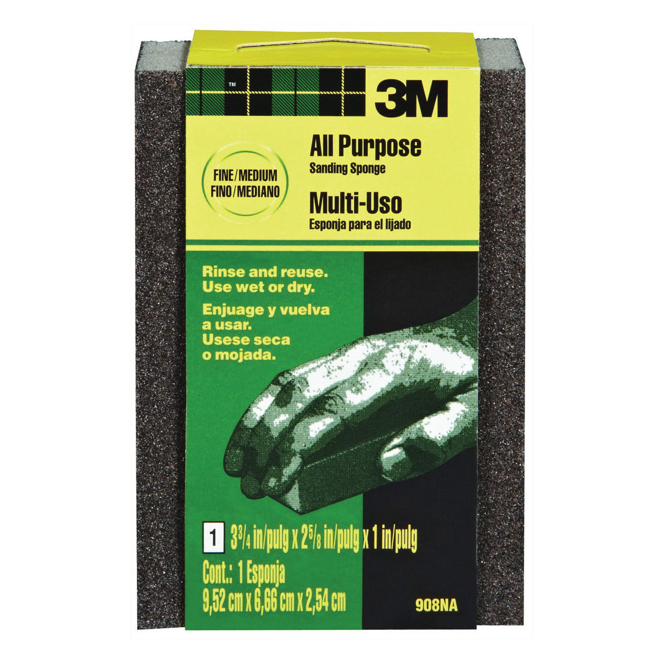 908 Sanding Sponge, 3-3/4 in L, 2-5/8 in W, Fine, Medium, Aluminum Oxide Abrasive