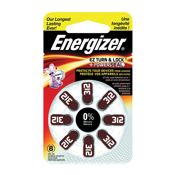 Energizer 312 AZ312DP-8 Hearing Aid Battery, 1.4 V Battery, 155 mAh, Zinc-Air - 1