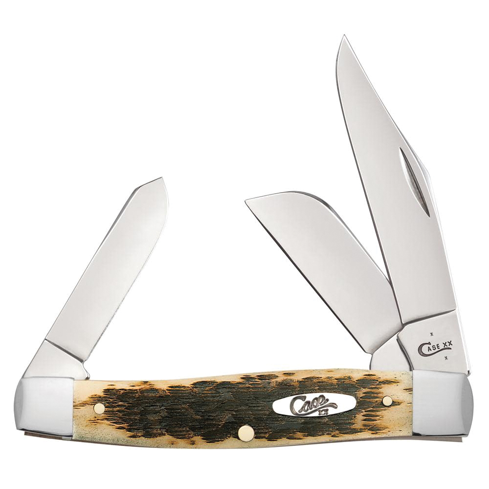 Case 00204 Folding Pocket Knife, 3.3 in Clip, 2.3 in Sheep Foot, 2.2 in Spey L Blade, Chrome Vanadium Steel Blade, 3- Blade, Amber Handle