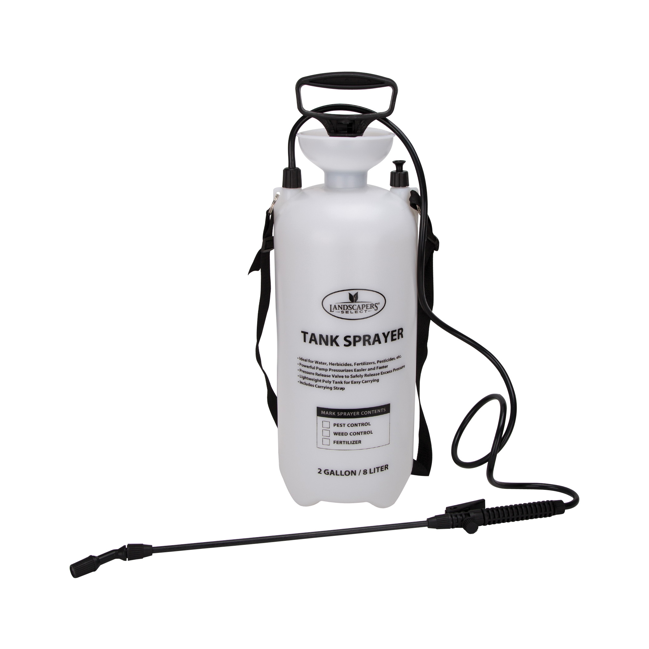 SX-8B Compression Sprayer, 2 gal Tank, Polyethylene Tank, 55 in L Hose, Black/White