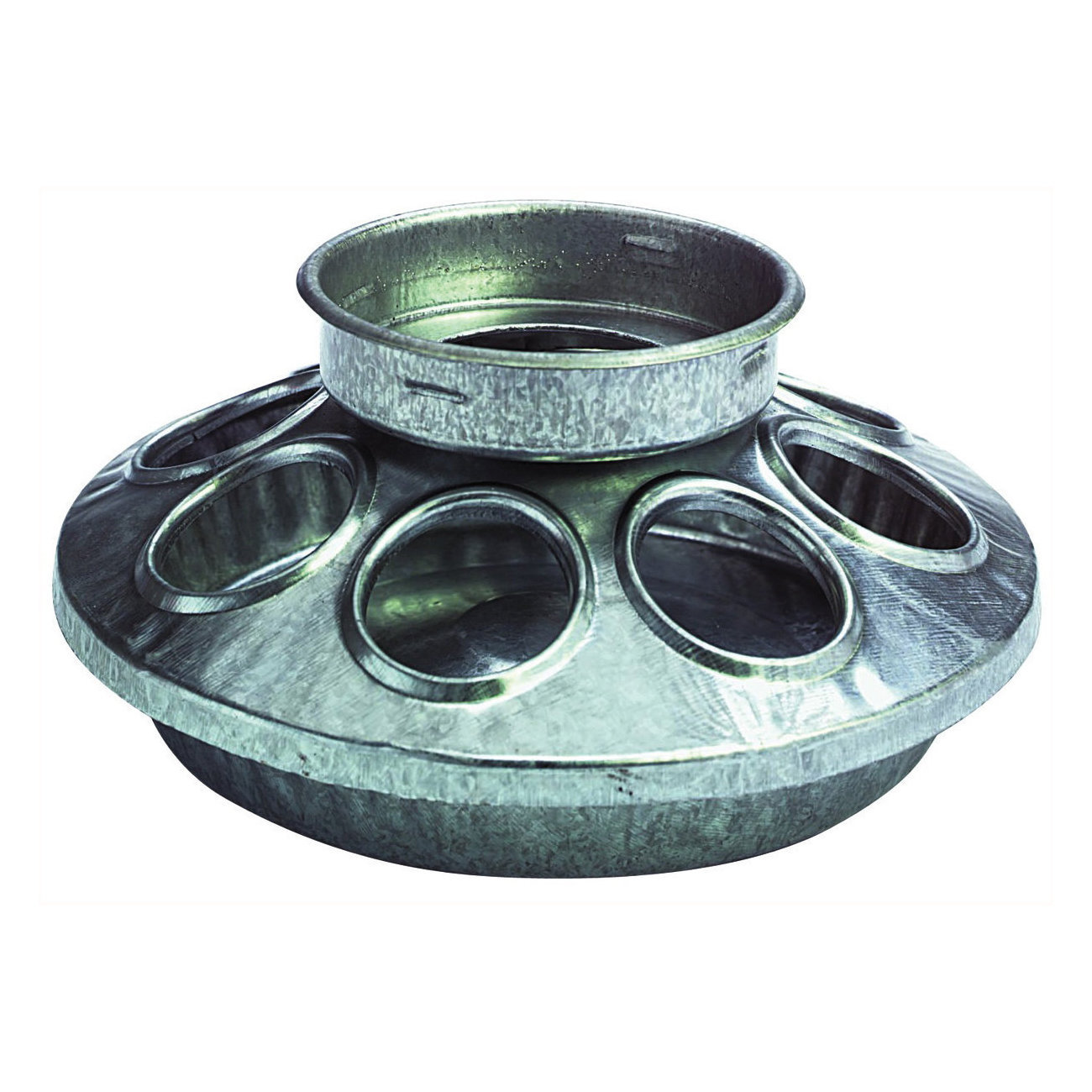 9810 Chick Feeder, 1 qt Capacity, 8-Compartment, Embossed, Rounded Edge, Steel, Galvanized, Silver, Screw Mounting