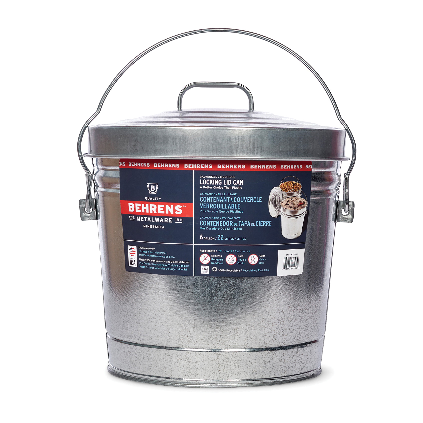 Behrens 6106 Kit Locking Lid Can, 6 gal Capacity, Steel, Silver, Lid Closure - 1