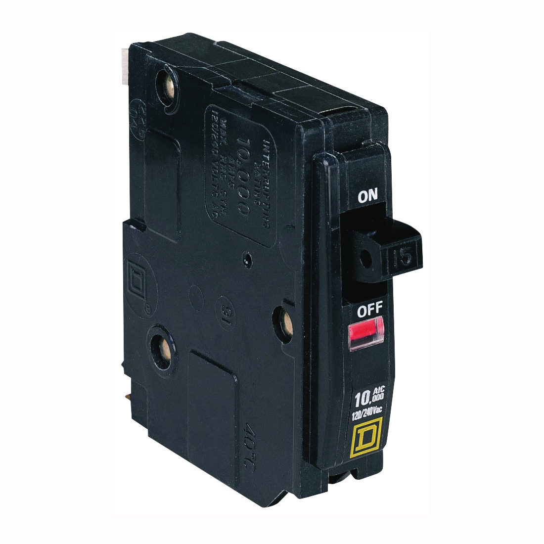 QO QO115CP Circuit Breaker, Mini, 15 Amp, 1 -Pole, 120/240 VAC, 48 VDC, Fixed Trip, Flush Mounting