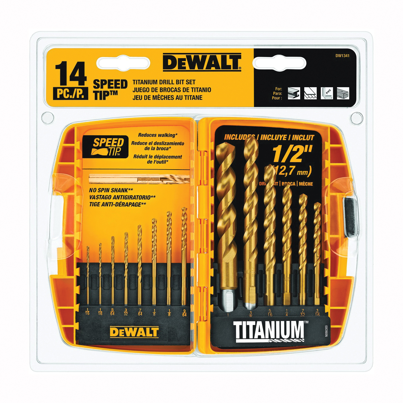 DW1341 Drill Bit Set, 14-Piece, HSS, Titanium