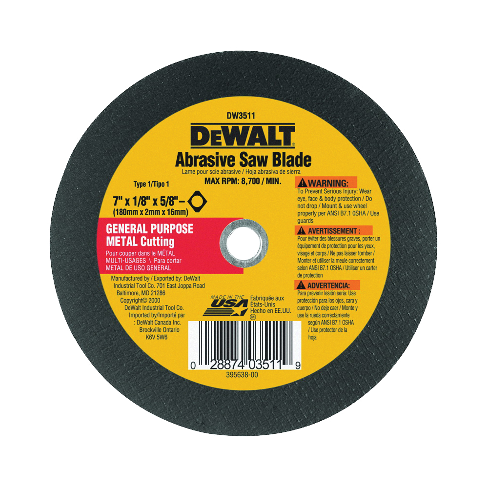 High Performance Series DW3511 Abrasive Saw Blade, 7 in Dia, 5/8 in Arbor, Aluminum Oxide Cutting Edge