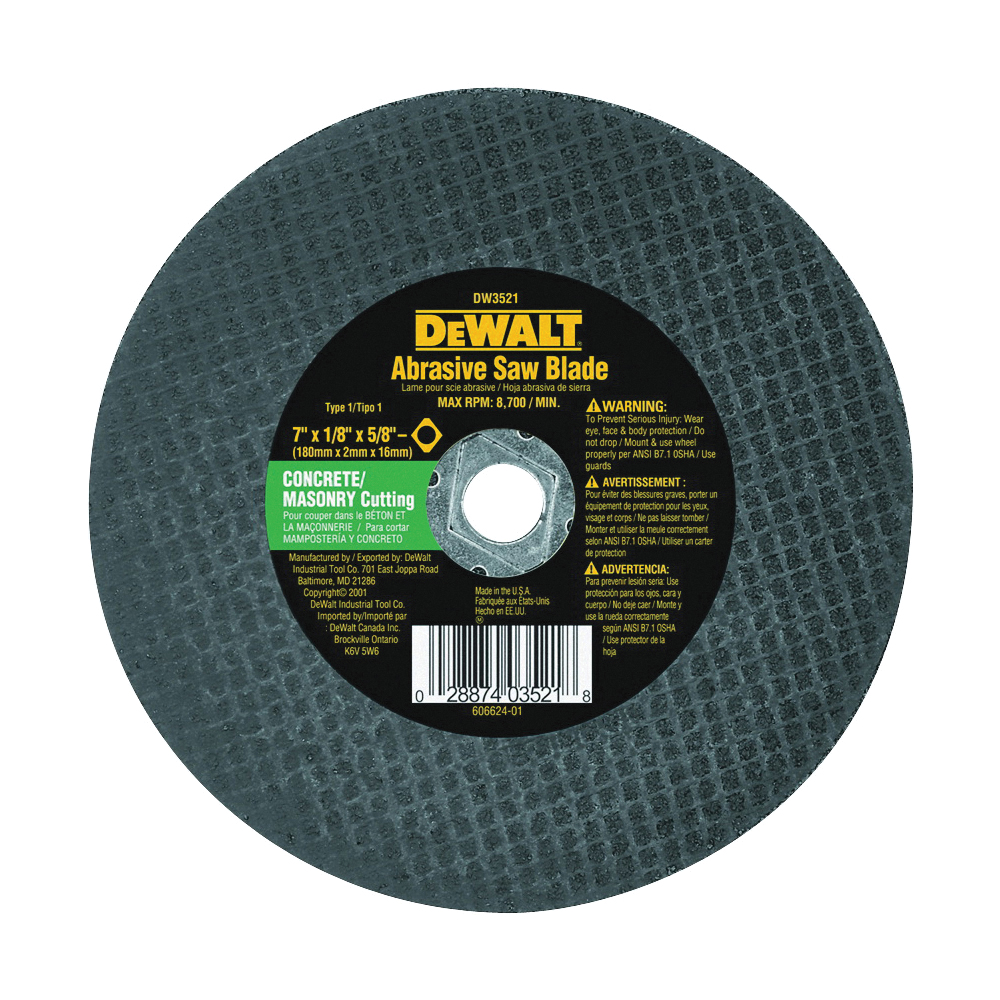 High Performance Series DW3521 Abrasive Saw Blade, 7 in Dia, 5/8 in Arbor, Aluminum Oxide Cutting Edge
