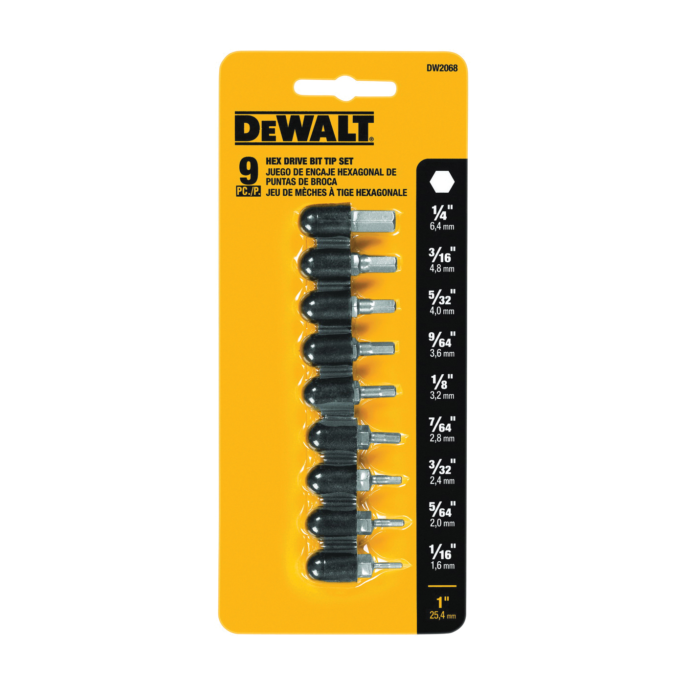 DW2068 Hex Bit Set, 9-Piece, Steel