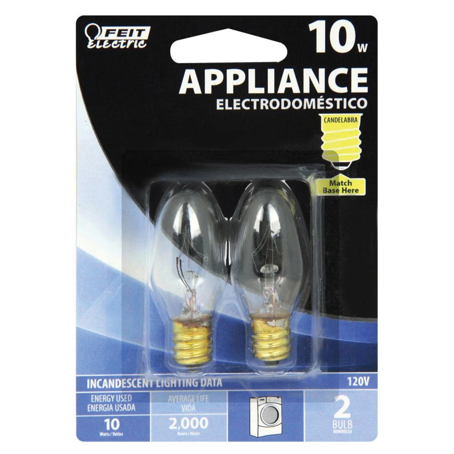 Feit Electric BP10C71/2/RP Incandescent Lamp, 10 W, Candelabra E12 Lamp Base, 63 Lumens, 2700 K Color Temp - 2