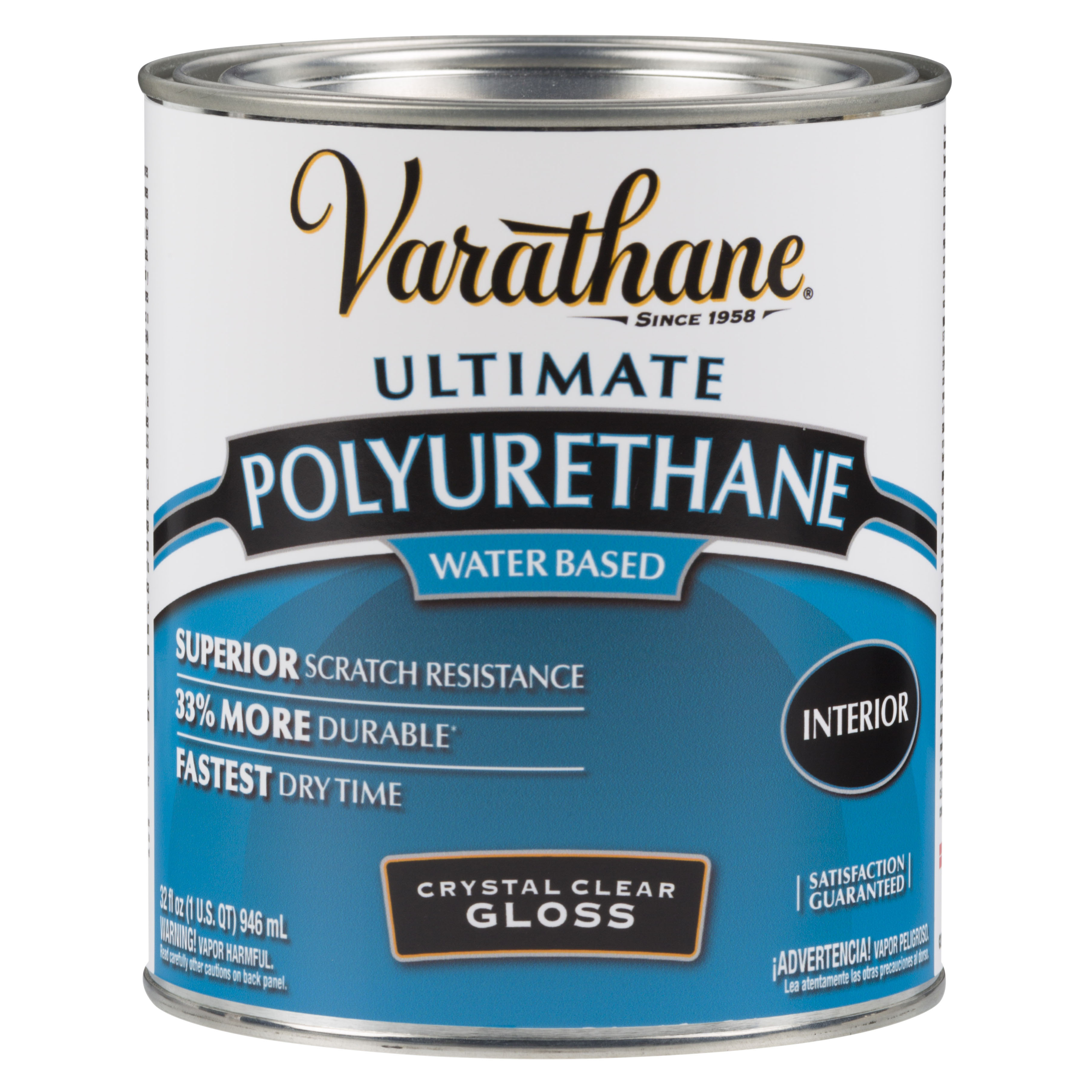 200041H Waterbased Polyurethane, Gloss, Liquid, Crystal Clear, 1 qt, Can