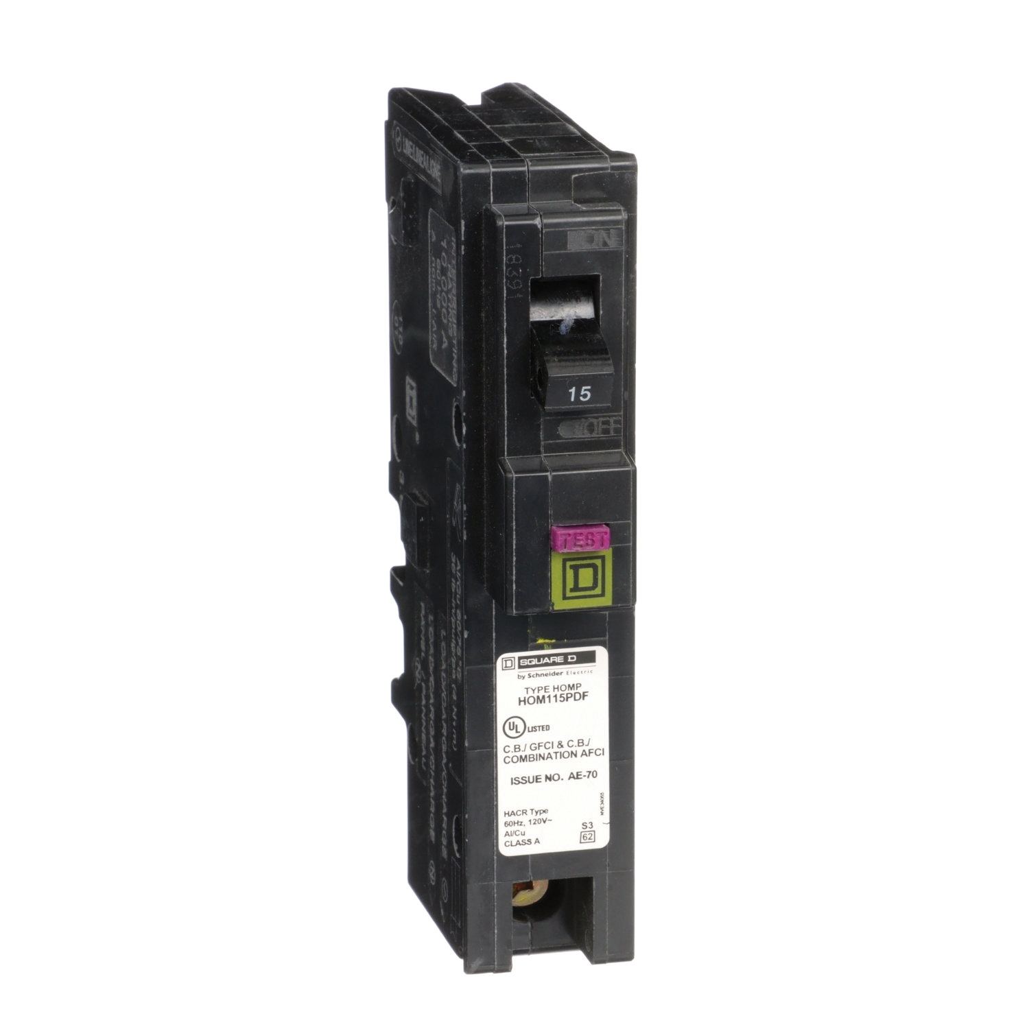HOM115PDFC Circuit Breaker, Dual Function, Mini, 15 Amp, 1 -Pole, 120 V, Plug Mounting