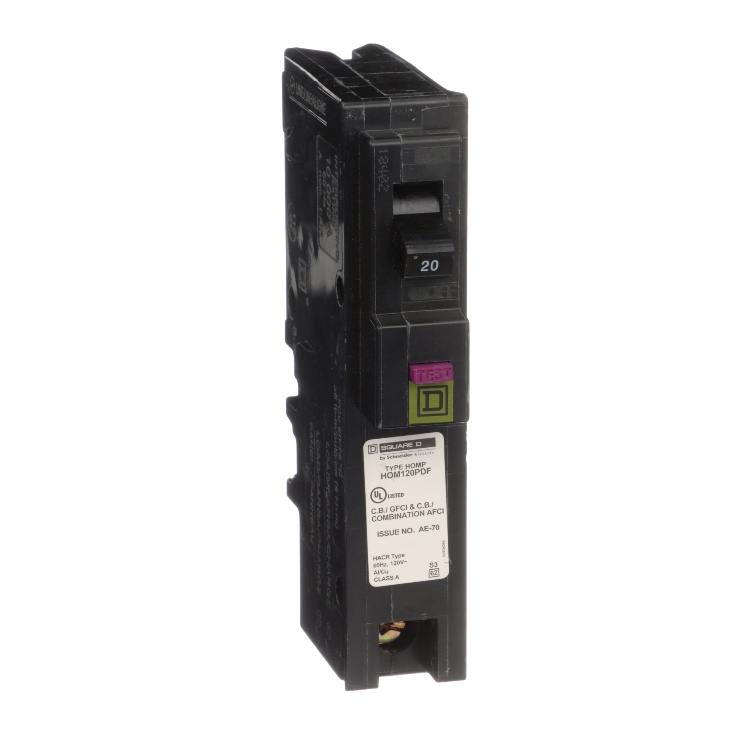 HOM120PDFC Circuit Breaker, Dual Function, Mini, 20 Amp, 1 -Pole, 120 V, Plug Mounting