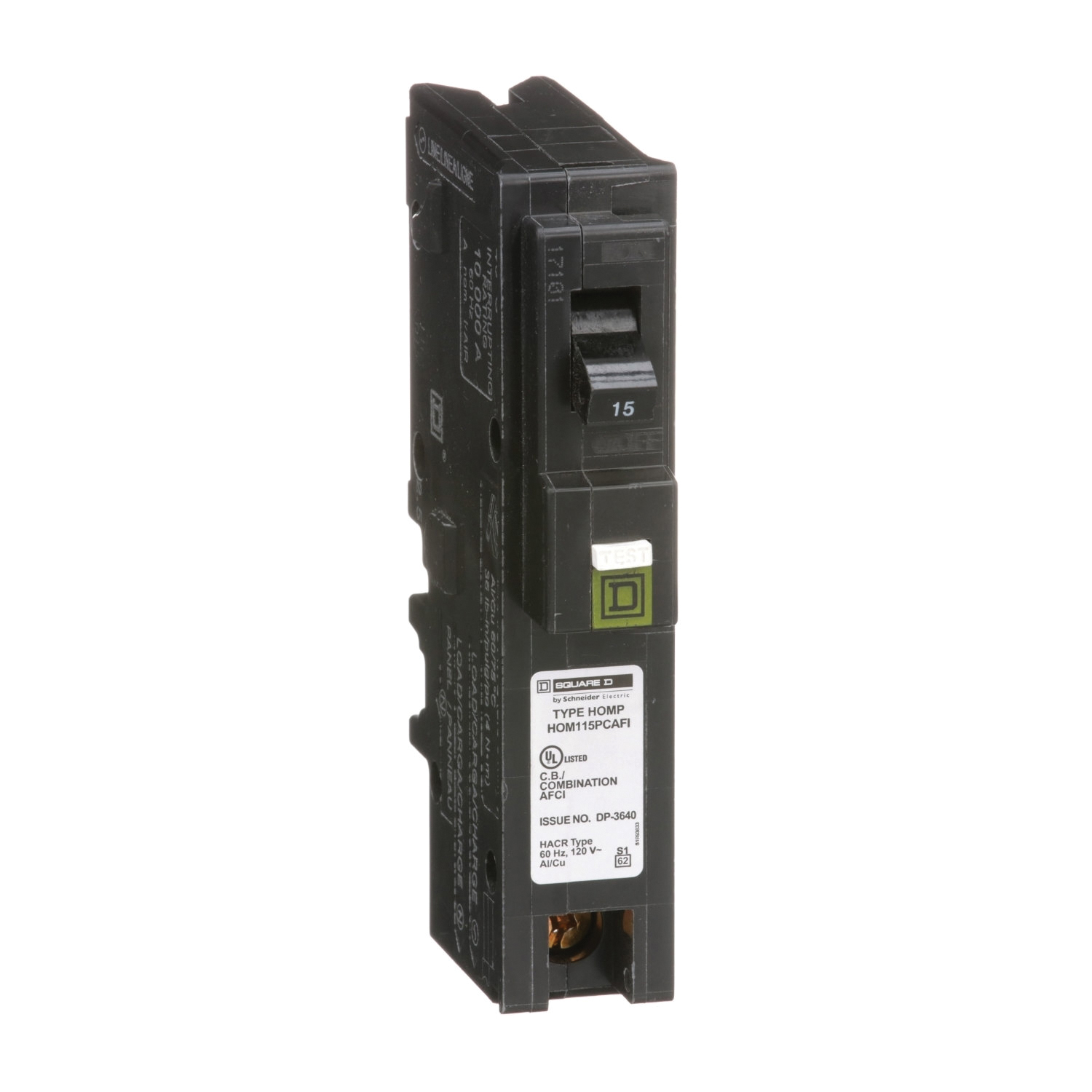 HOM115PCAFIC Circuit Breaker, CAFCI, Mini, 15 Amp, 1 -Pole, 120 V, Plug Mounting