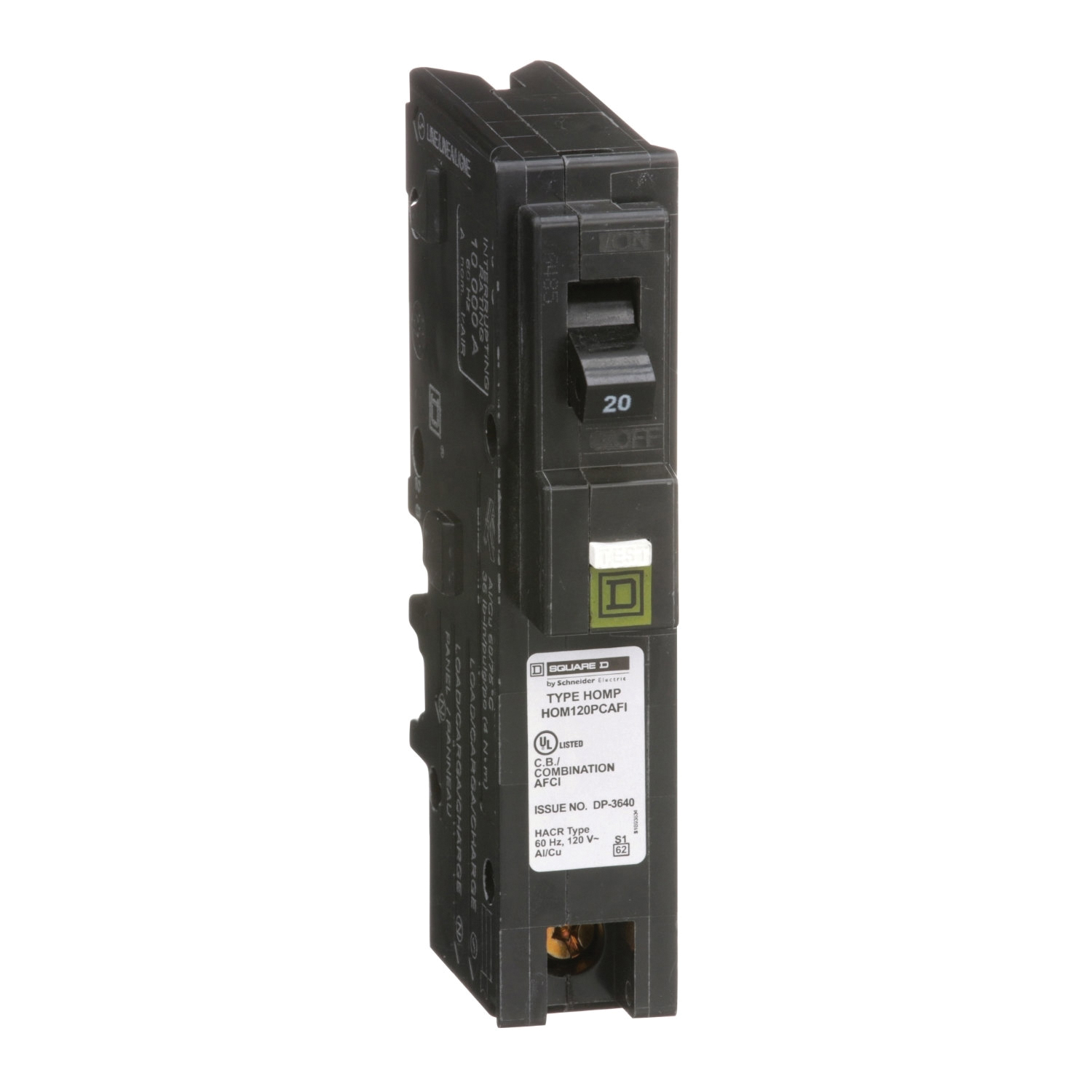 HOM120PCAFIC Circuit Breaker, CAFCI, Mini, 20 Amp, 1 -Pole, 120 V, Plug Mounting