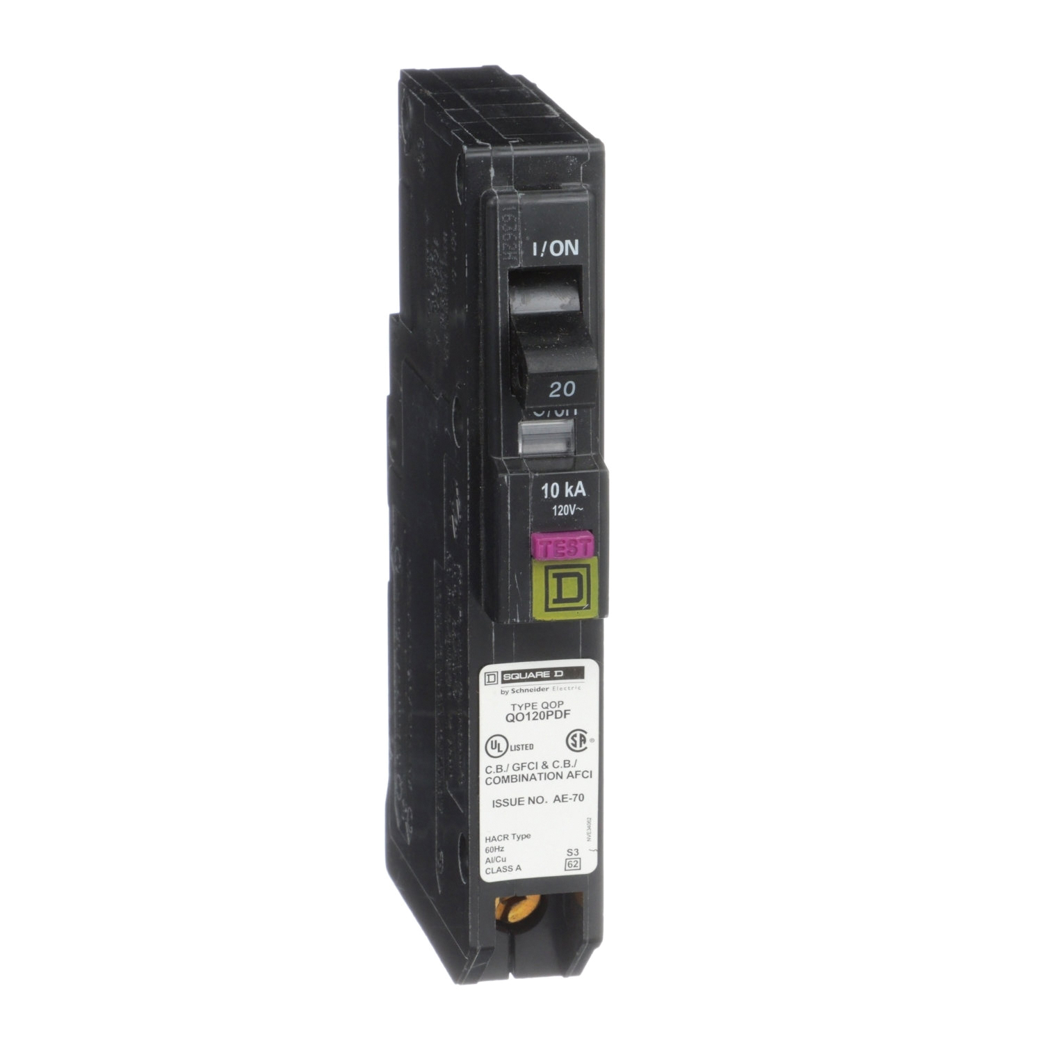 QO120PDFC Circuit Breaker, CAFCI, Mini, 20 Amp, 1 -Pole, 120 V, Plug Mounting