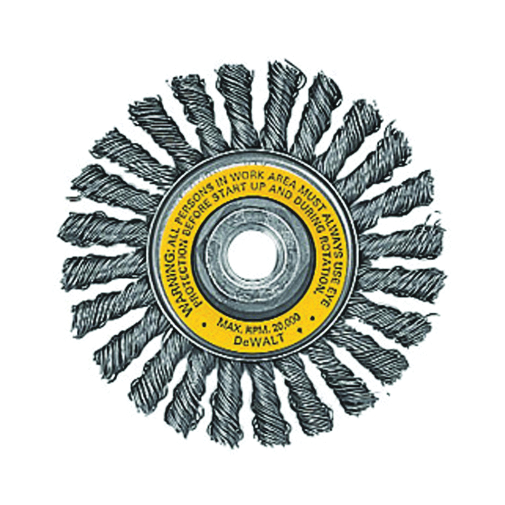 HP DW4930 Wire Wheel Brush, 4 in Dia, 5/8-11 Arbor/Shank, Flat Knotted, Twisted Bristle, 0.02 in Dia Bristle