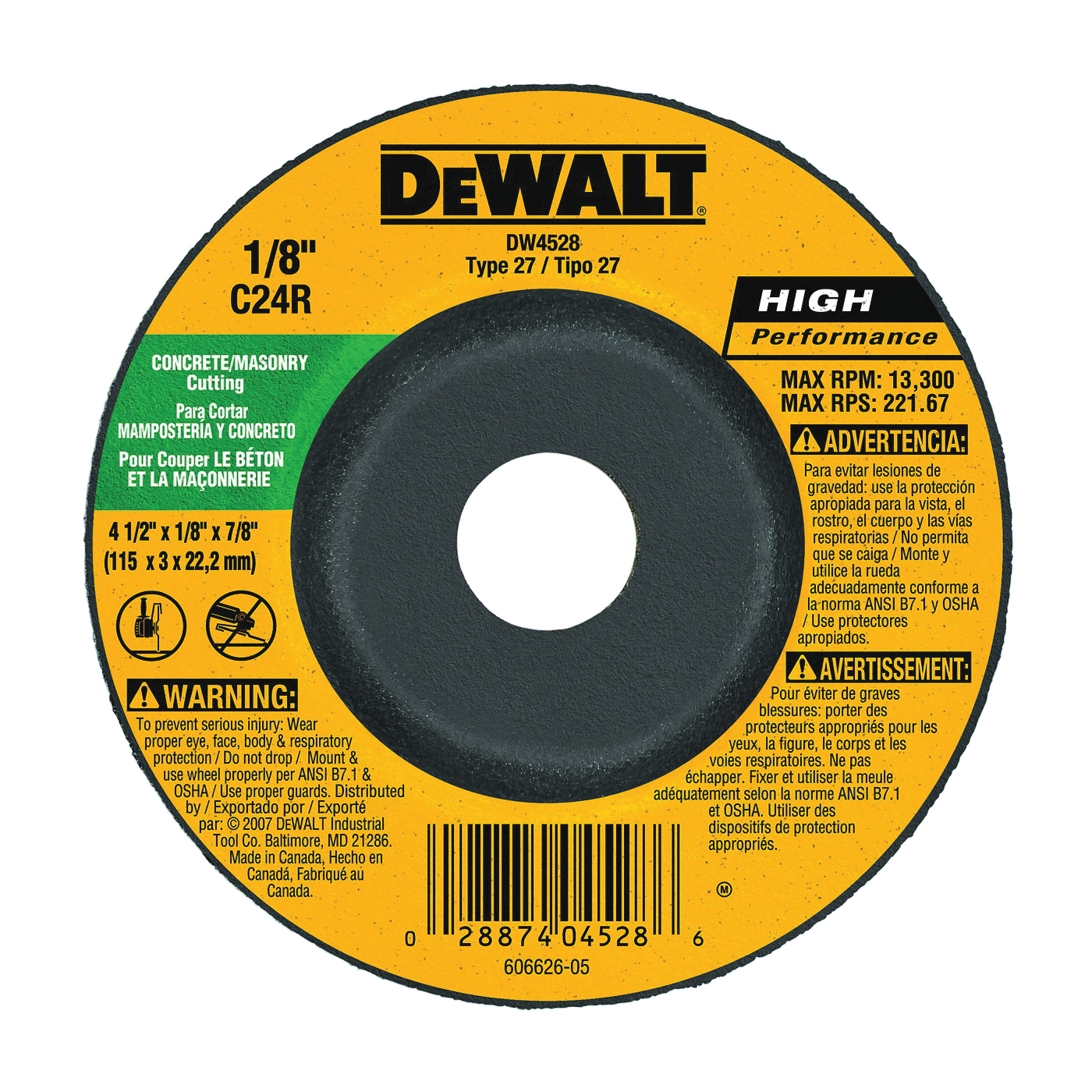 DW4528 Grinding Wheel, 4-1/2 in Dia, 1/8 in Thick, 7/8 in Arbor, 24 Grit, Coarse, Silicon Carbide Abrasive