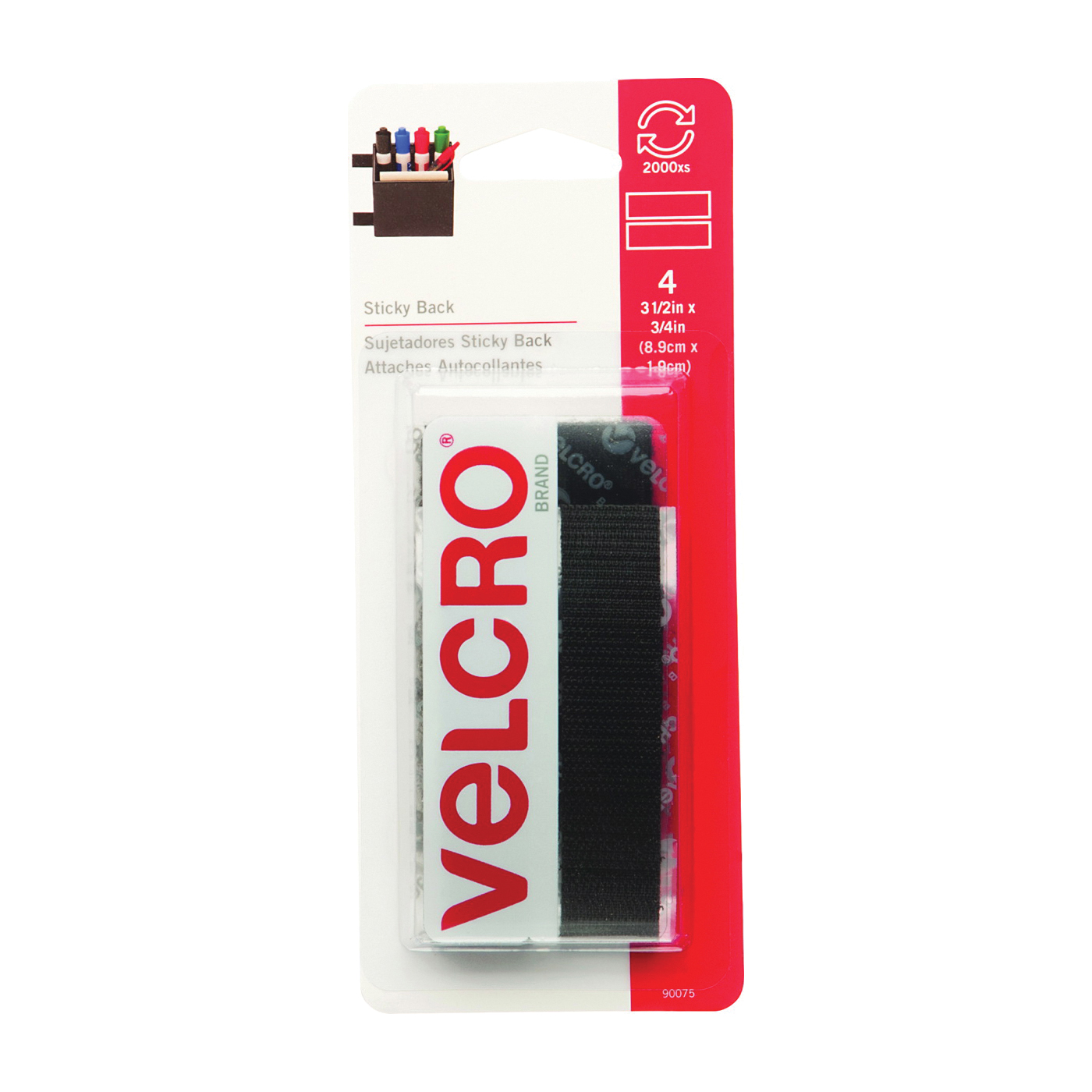 VELCRO Brand 90075 Fastener, 3/4 in W, 3-1/2 in L, Nylon, Black, Rubber Adhesive - 1