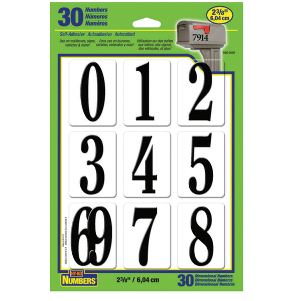 MM-200B Self-Adhesive Packaged Number Set, 2-3/8 in H Character, Black Character, Plastic