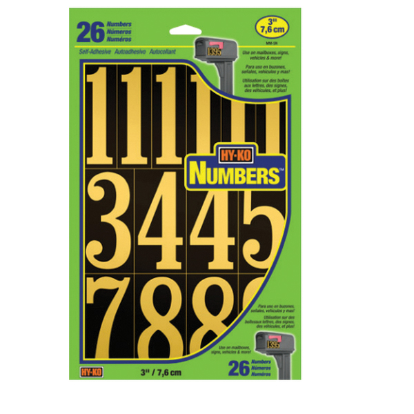 MM-5N Self-Adhesive Packaged Number Set, 3 in H Character, Gold Character, Black Background, Vinyl