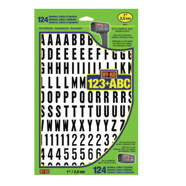 MM-6 Self-Adhesive Packaged Number and Letter Set, 13/16 in H Character, Black Character, White Background, Vinyl