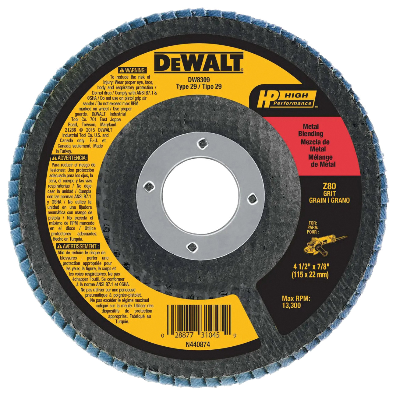 DW8309 Flap Disc, 4-1/2 in Dia, 7/8 in Arbor, 80 Grit, Medium, Zirconia Abrasive, Fiberglass Backing, Center Hole