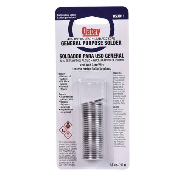 Oatey 53011 Acid Core Wire Solder, 1.5 oz Carded, Solid, Silver, 360 to 460 deg F Melting Point - 2