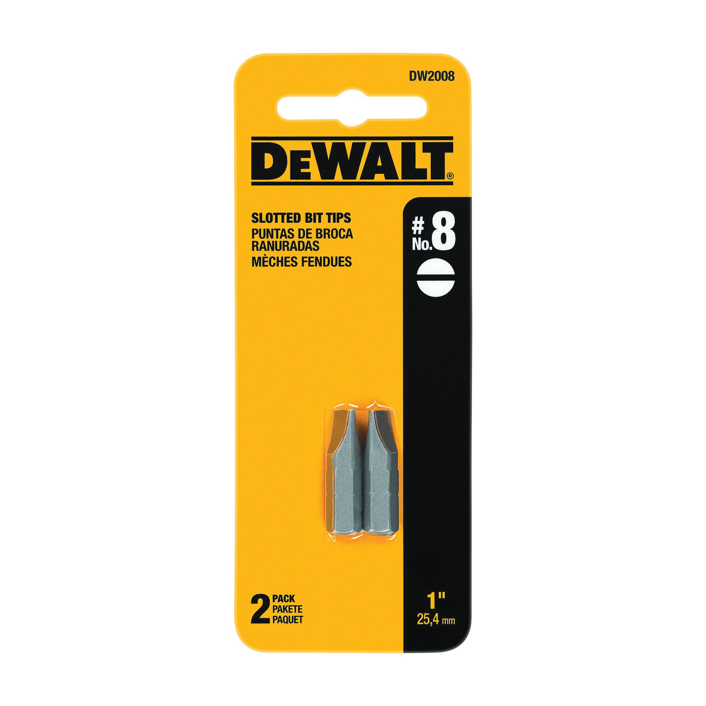DW2008 Screwdriver Bit, #8 Drive, Slotted Drive, 1/4 in Shank, Hex Shank, 1 in L, Steel