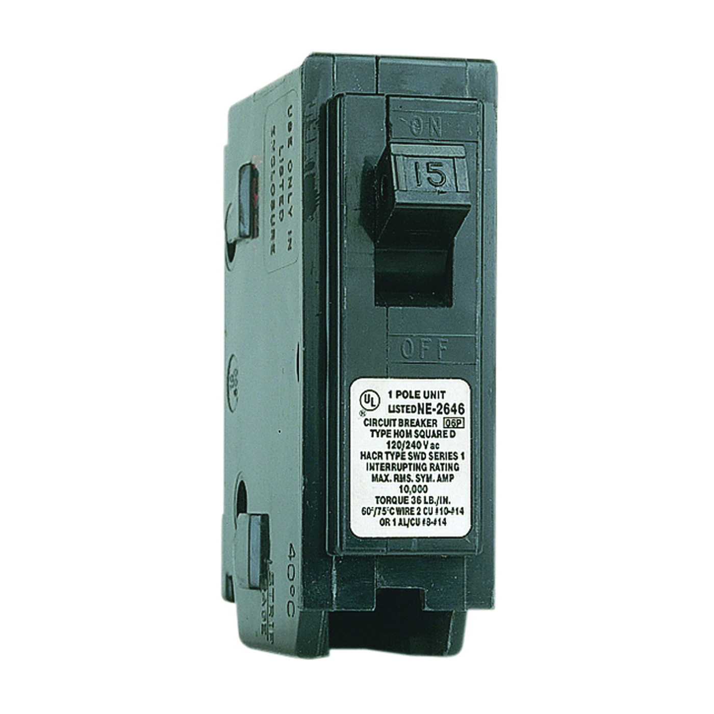 Homeline HOM115CP Circuit Breaker, Mini, 15 Amp, 1 -Pole, 120 V, Fixed Trip, Plug Mounting, Black