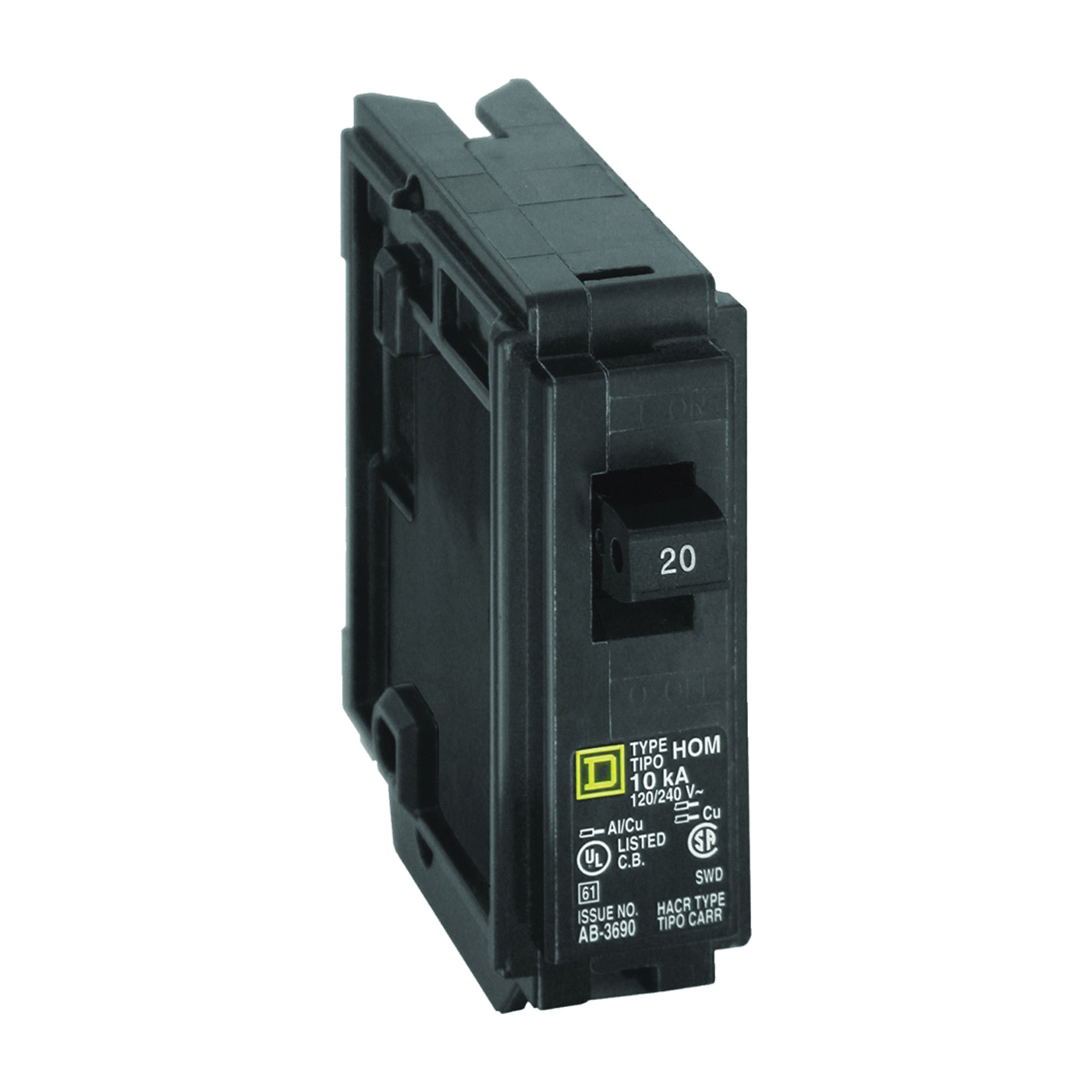 Homeline HOM120CP Circuit Breaker, Mini, 20 Amp, 1 -Pole, 120 V, Fixed Trip, Plug Mounting, Black